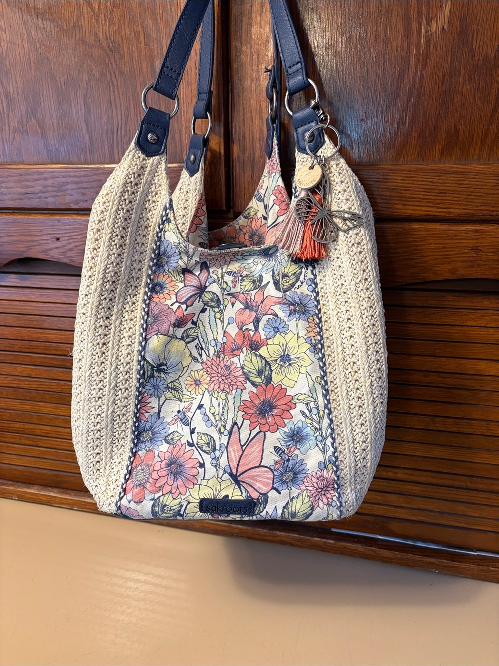 Sakroots Cream Crochet Shoulder Bag with Multicolor Floral Print